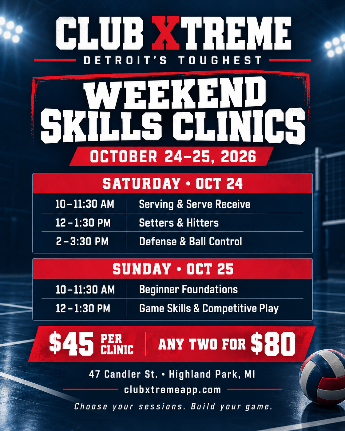 Club Xtreme Weekend Skills Clinics, October 24–25, 2026. Full session schedule and prices are listed beside this flyer.